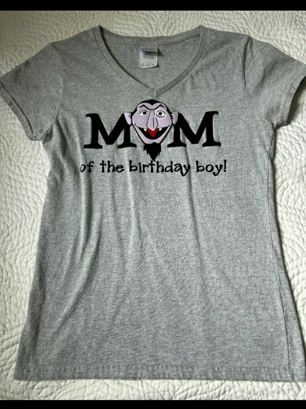Gildan Gray V-Neck "Mom of the Birthday Boy" Graphic Tee